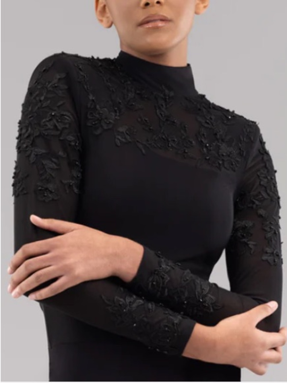 JAMIL Zeina Black Lace Mesh Bodysuit XS NWOT Long Sleeve Elegant
